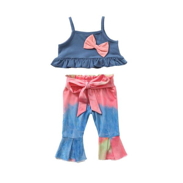 

clothing sets toddler baby girls clothes set summer girl bow vest crop tie-dye flared trousers suits children infant outfit, White