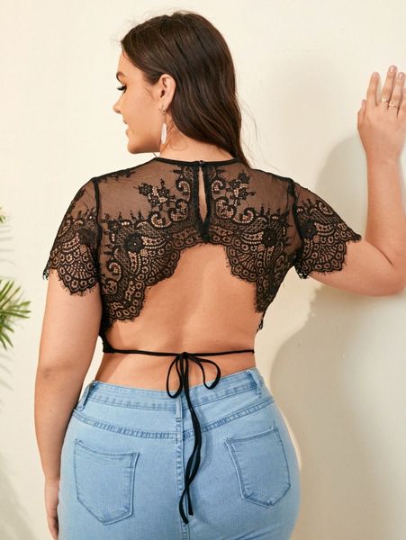 

plus tied backless lace panel 254p#, Black