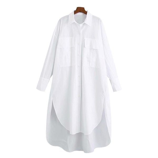 

oversized blouses women fashion with pockets irregular vintage long sleeve side vents female shirts chic women's polos, White