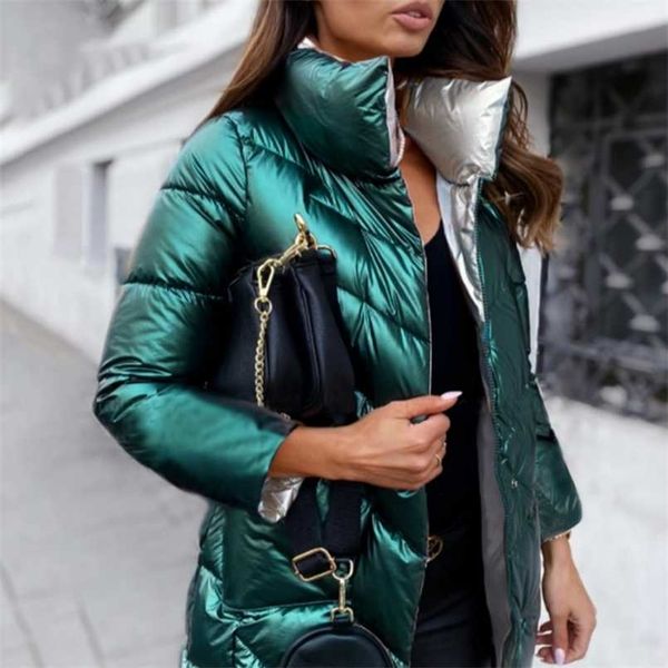 

light-reflecting jacket women winter warm bread parka short padded casual thick stand-callor oversized cotton coat femme parkas 211221, Black