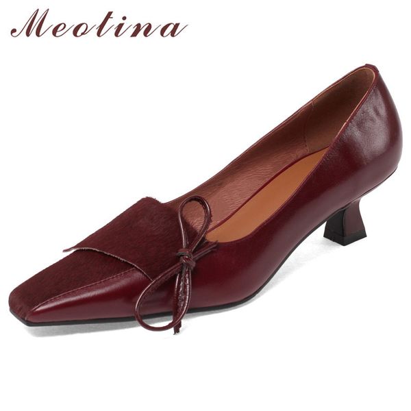 

meotina natural genuine leather thin heels pumps women square toe shoes bow mid heels footwear ladies elegant dress shoes 40 210520, Black