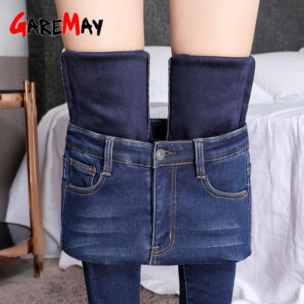 Skinny Denim Samthose Jeans Plus Size Damen Winter Warm Lift Gesäß Bleistifthose Mama Schwarze Hose mit Fleece 210428