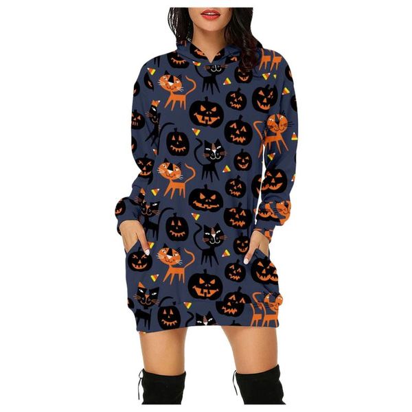 

casual dresses halloween pumpkin printed sweatshirt dress women autumn long sleeve pocket hooded loose mini vestidos female, Black;gray