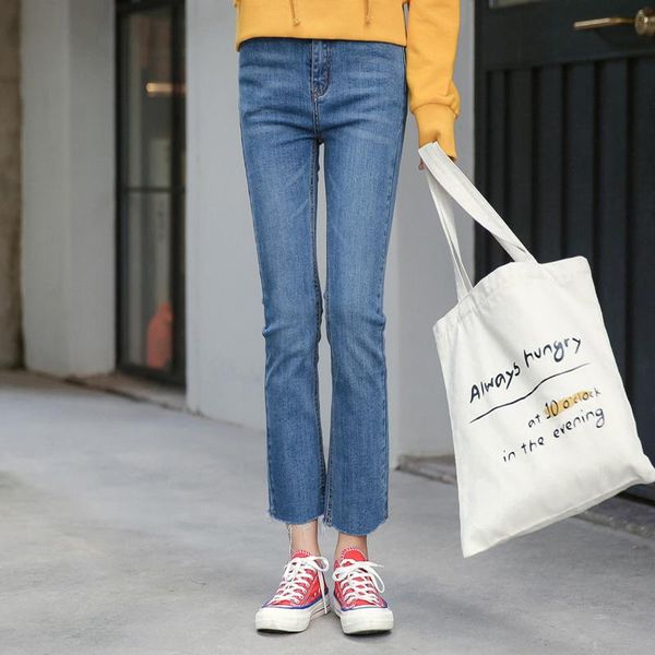 

women's jeans korean chic style slim trousers mid waist vintage blue denim pants women zipper student autumn ankle-length capris female