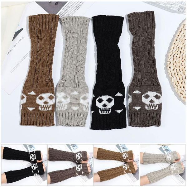 

sports gloves women skull winter halloween long fingerless wrist arm warmer knitted mitten sleeve, Black