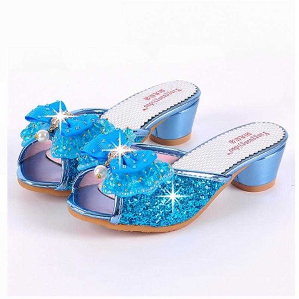 

elling girls summer sandals slipper sequined princesse children high heel party dress shoes leather for kids slides, Black
