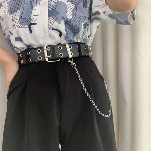 

belt for men and women, double row holes, versatile hip hop fashion female student chain, trouser belt, society, Black;brown
