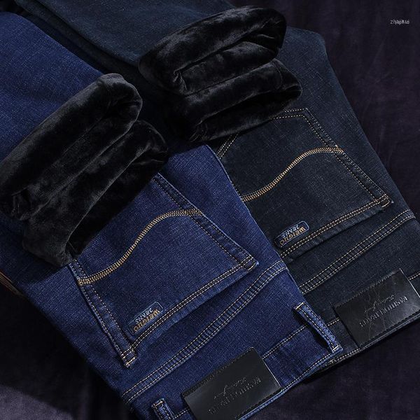 

winter men's jeans plus velvet thickened warmth fashion business casual pants lamb wool warm brand trousers1, Blue