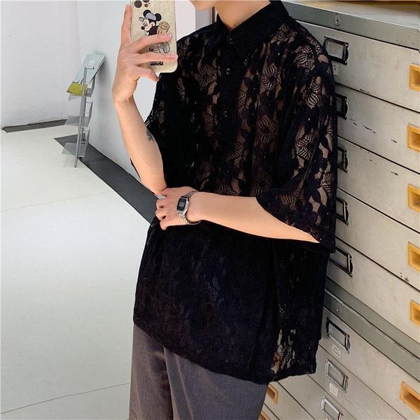 

summer nightclub shirt men korean fashion loose casual harajuku streetwear hip-hop mesh short sleeve men's shirts, White;black