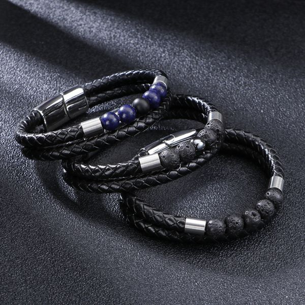 Cool Man Jewelry Natürliches Lavastein-Perlenstrang-Armband, schwarzes geflochtenes Leder, Magnetschnalle-Armbänder