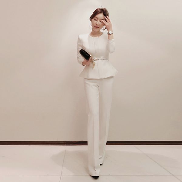 

pant o-neck sleeve solid color women fashion suits peplum blazer long trousers women's suit elegant ol outwear coat keb1, White