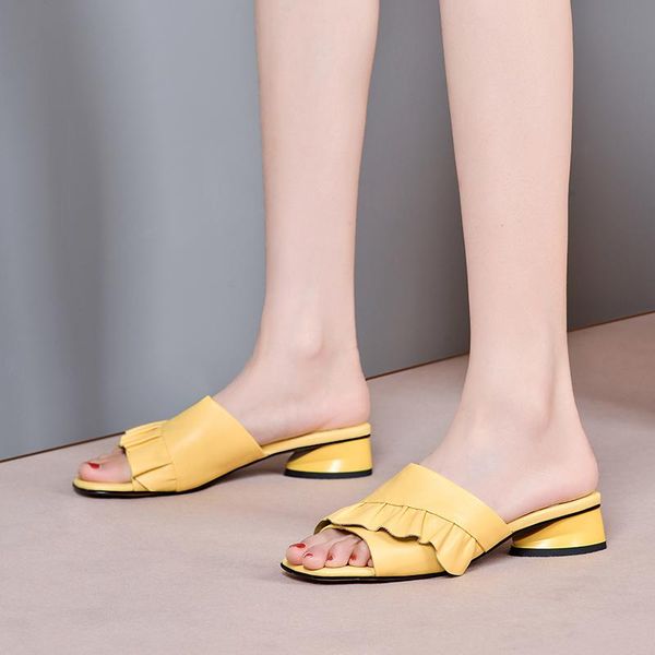 

arrival slippers low heels pumps pleated ruffles genuine leather women for ladies 2021 party dancing shoes woman, Black
