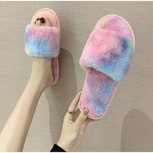 

slippers ladies fashion indoor plush slipper 2021 open toe flat footwear women non slip brand shoes faux fur winter warm, Black