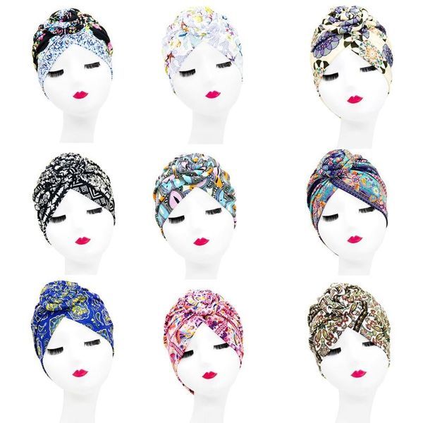 

beanie/skull caps women bonnet ethnic printed hijab head scarf muslim headdress arab wrap turban, Blue;gray