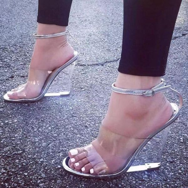 

women shoes pumps high heels transparent sandals ladies crystal heel wedges pvc ankle buckle woman party summer, Black