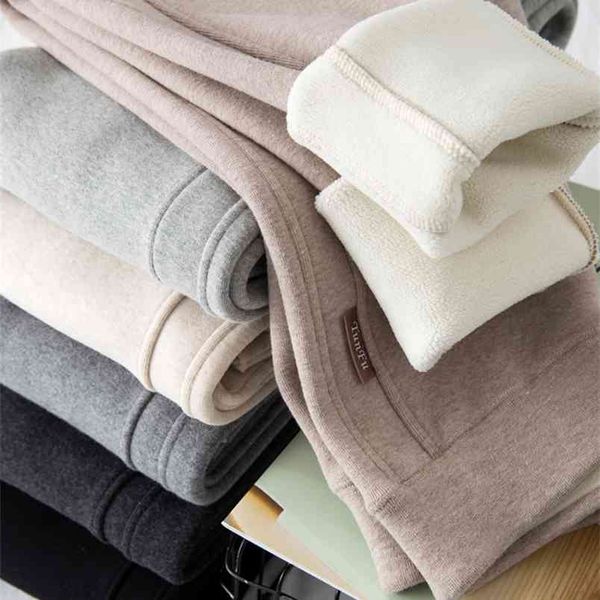 

winter thicken plush leggings women pure cotton skinny pants female high waist outer wear warm lamb wool elastic trousers 210913, Black