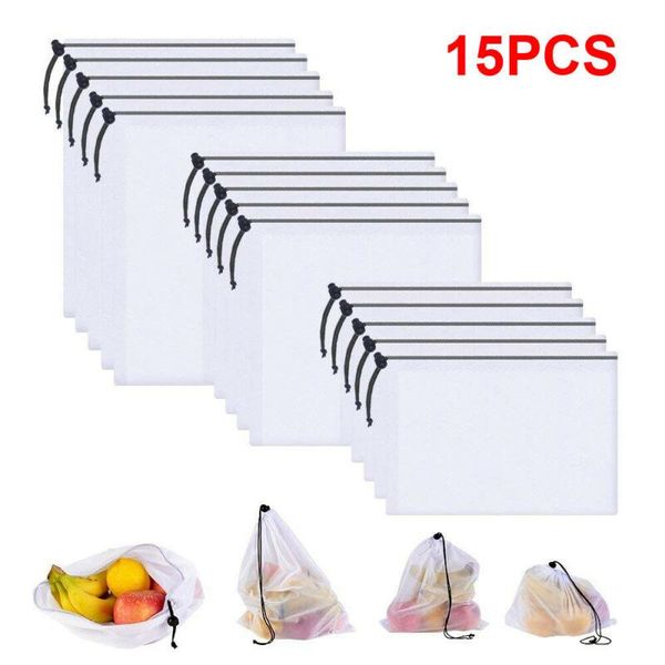 

outdoor bags 15 packs/set reusable produce white rope mesh vegetable fruit toys storage pouch