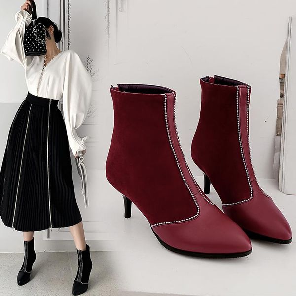 

boots ankle winter women high heel pointed toe short zipper footwear red black size 34-43