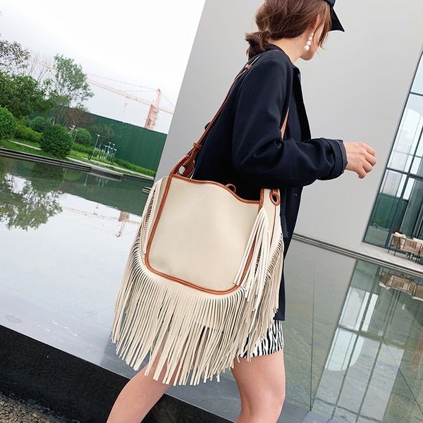 

net red fashion frosted tassel bucket bag large capacity shoulder 2021 women's