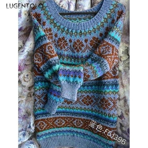 

lugentolo autumn women sweater knitted round neck pullover female vintage long-sleeve casual loose sweaters women's, White;black