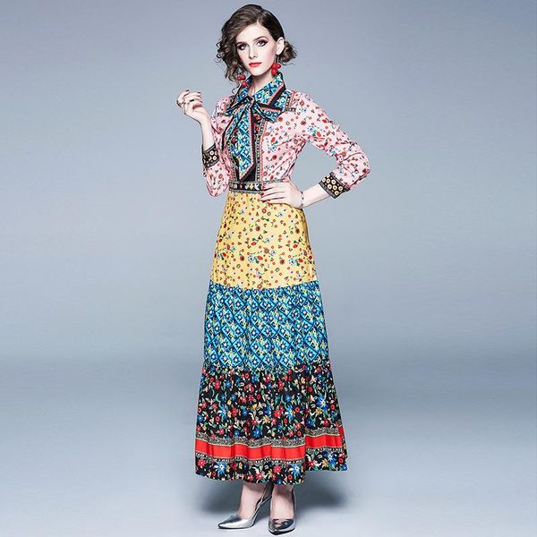 

casual dresses 2021 women autumn bow party dress print designer maxi vintage full sleeves turn down collar, Black;gray