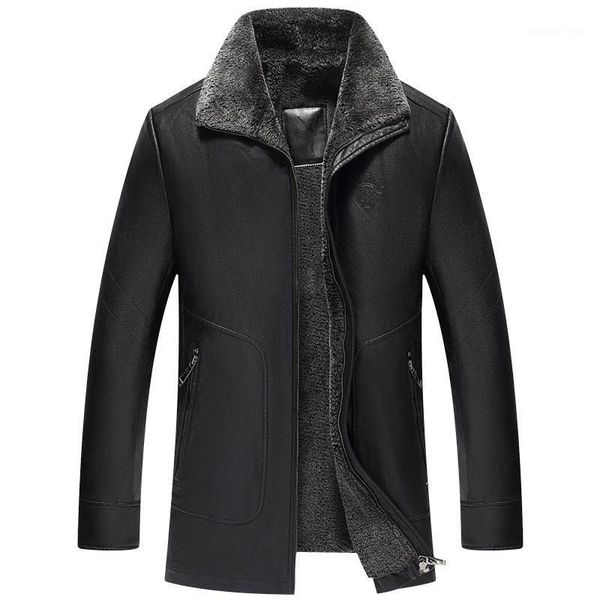 

men's fur & faux winter long black fleece parka coat men leather jacket overcoat plus velvet warm collar pu casual brown outwear windbr