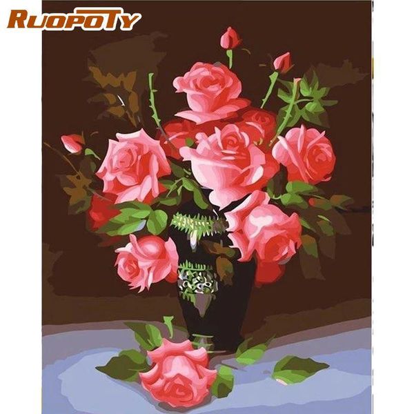 

60x75cm frame painting by numbers kits seven red rose flower picture number handpainted diy framed artcrafts paintings