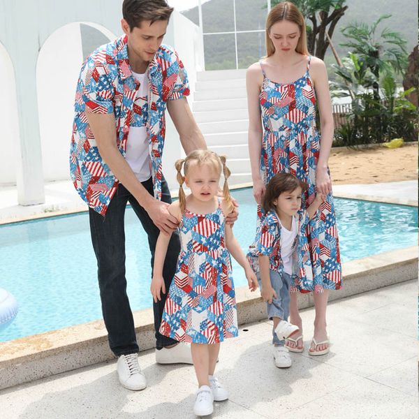 

family matching outfits mother daughter dresses clothing boys girls clothes children summer cotton short sleeve long beach shirts t-shirts d, Blue