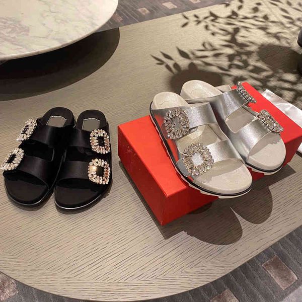 

rv black satin high version silver leather water drill double button thick bottom one line slipper sandal beach sandal yw yw