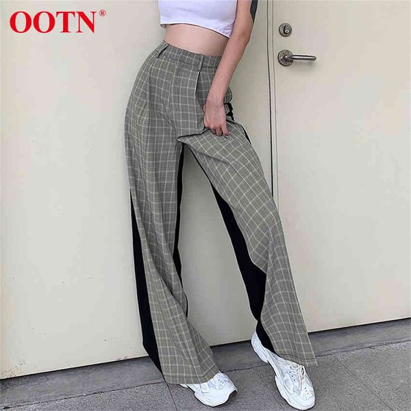 

ootn patchwork black plaid trousers for women pants loose wide leg trousers casual high waist pants female winter fashion 210413, Black;white