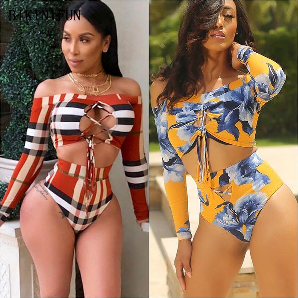 

women's swimwear 2021 long sleeve women checkered beachwear strapless swimsuit s-xl girl high waist bathing suit bikini set, White;black