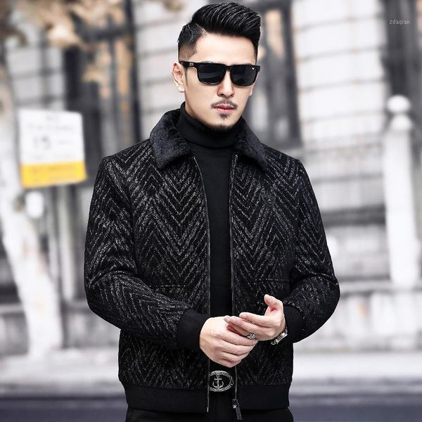 

men's wool & blends winter middle aged woolen jacket sheep cut down collar chenille pattern thickening cotton short coat fashion, Black