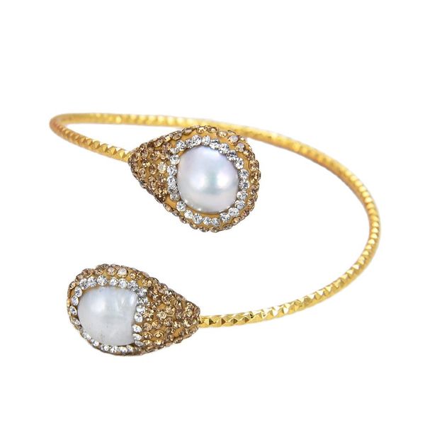 

guaiguai jewelry natural pearl cultured white keshi pearl cz pave gold color plated bangle bracelet for women real lady fashion jewellry, Black