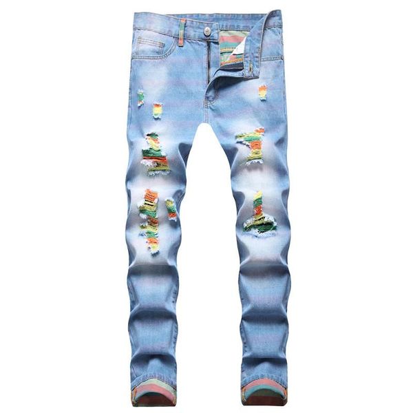 

men's jeans mens large size loose four seasons casual mid-waist trousers non-stretch straight washed cotton striped light blue