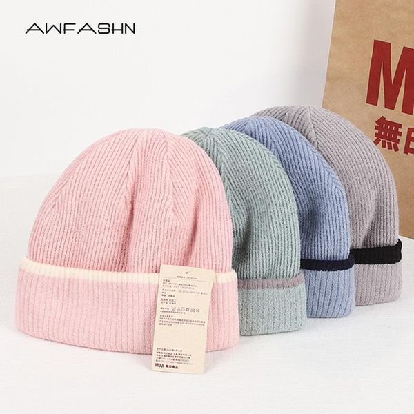 

berets 2021 fashion knitted hat winter women's warm soft men's casual beanie color matching simple for women head hood, Blue;gray
