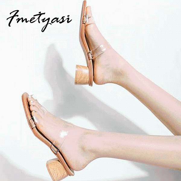 

sandals transparent band women mid heel thick elegant for ladies round toe slides wood fashion summer, Black