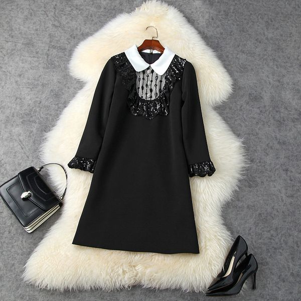 

casual dresses fall autumn long sleeve peter pan neck black contrast color panelled beaded knee-length dress elegant lsp25t11333 ddn2, Black;gray