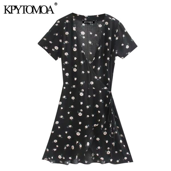 

women chic fashion floral print wrap mini dress v neck short sleeve side tied female dresses vestidos 210420, Black;gray