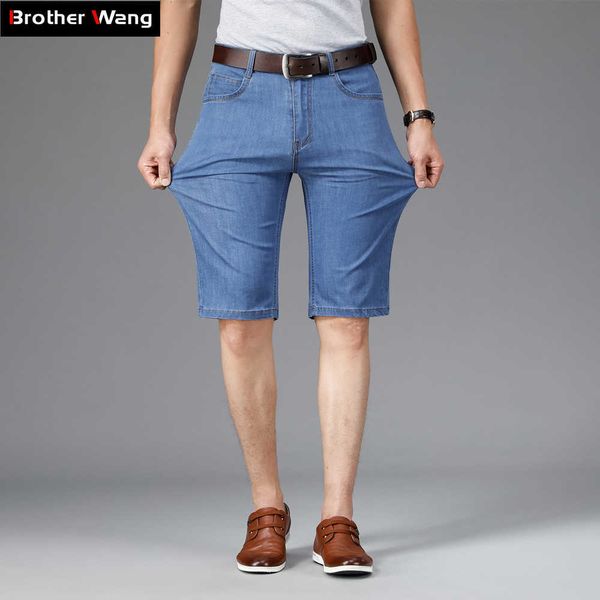 Calça jeans fino dos homens de verão Moda de negócios estilo clássico luz azul elástico força denim shorts macho marca roupas 210622