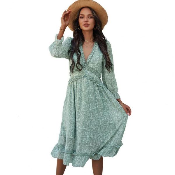 

women floral print deep v neck spring long sleeve large ruffle hem midi dress streetwear for party female elegant dresses, Black;gray
