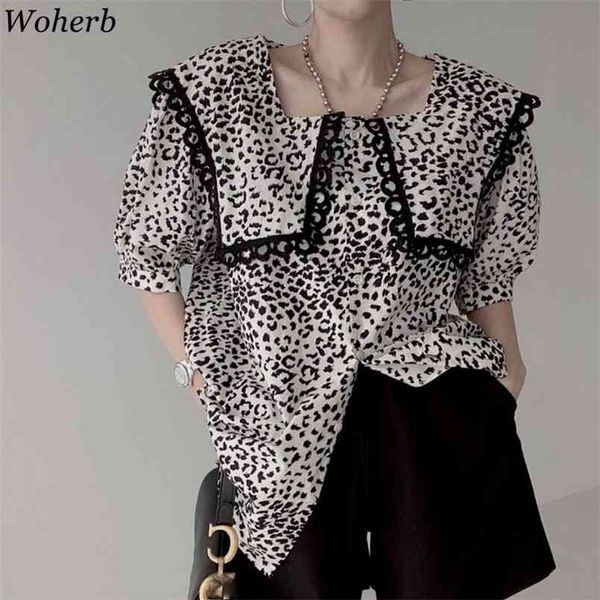

chic stylish ruffles peter pan collar blouse women leopard print summer korean fashion female shirts 210519, White