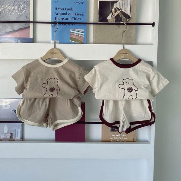 

clothing sets 2021 baby summer suit boys and girls round neck print cartoon bear two-piece boutique kids little girl clothes, White