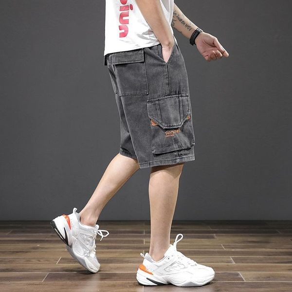 

men's shorts summer men jeans cargo fashion casual elasticated waist stretch big pocket cropped jean male brand -40, White;black