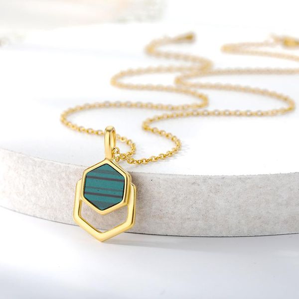 

pendant necklaces hexagonal green texture malachite for women stainless steel gold chain charm necklace 2021 fashion jewelry bff, Silver