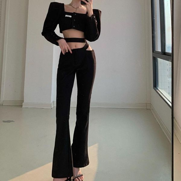 

spring elegant 2 piece sets womens outfits vintage mujer+korean style high waist flare strapped casual pants women's two, White