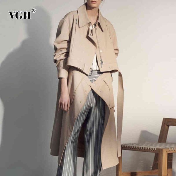 

vgh khaki patchwork trench for women lapel long sleeve high waist lace up removable trenches female fashion clothing autumn 210421, Tan;black