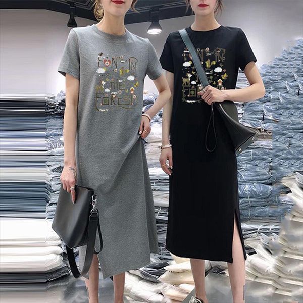 

korean style o neck womens dress printed short sleeved long loose knee split t shirt, Black;gray