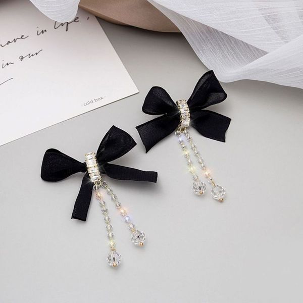 

silver needle japanese and korean black sweet ribbon bowknot crystal long cool wind net red earrings female