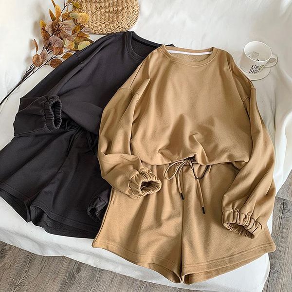 

women's hoodies & sweatshirts women hoodie with o-neck solid oversize long sleeve sweatershirt pullover +casual khaki shorts femme autu, Black