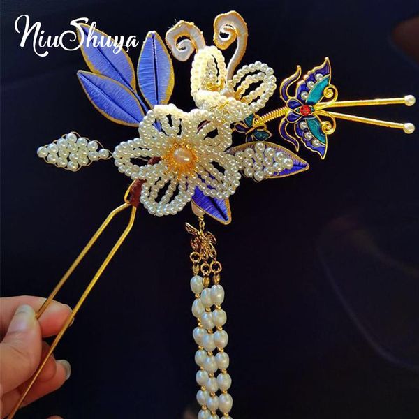 

hair clips & barrettes niushuya delicate retro chinese style hairpins flower pearl tassel fork sticks for women girls hanfu dress, Golden;silver